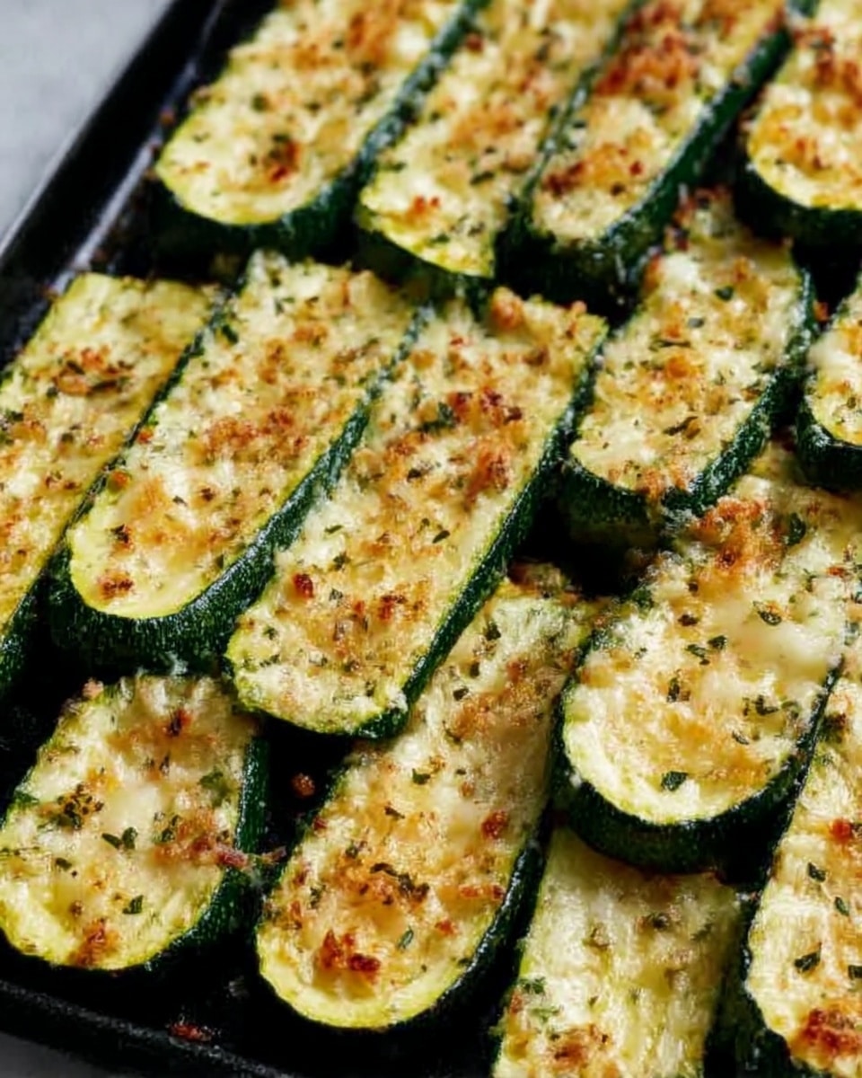 The image shows a close-up of many thick zucchini slices arranged in rows on a black tray. Each slice is topped with a light layer of melted cheese and sprinkled with dried herbs and some small brown bits, possibly toasted breadcrumbs or seasoning, giving a slightly rough texture on top. The zucchini edges are dark green and the centers are soft yellow-green with melted cheese. The scene has a white marbled background. Photo taken with an iphone --ar 4:5 --v 7
