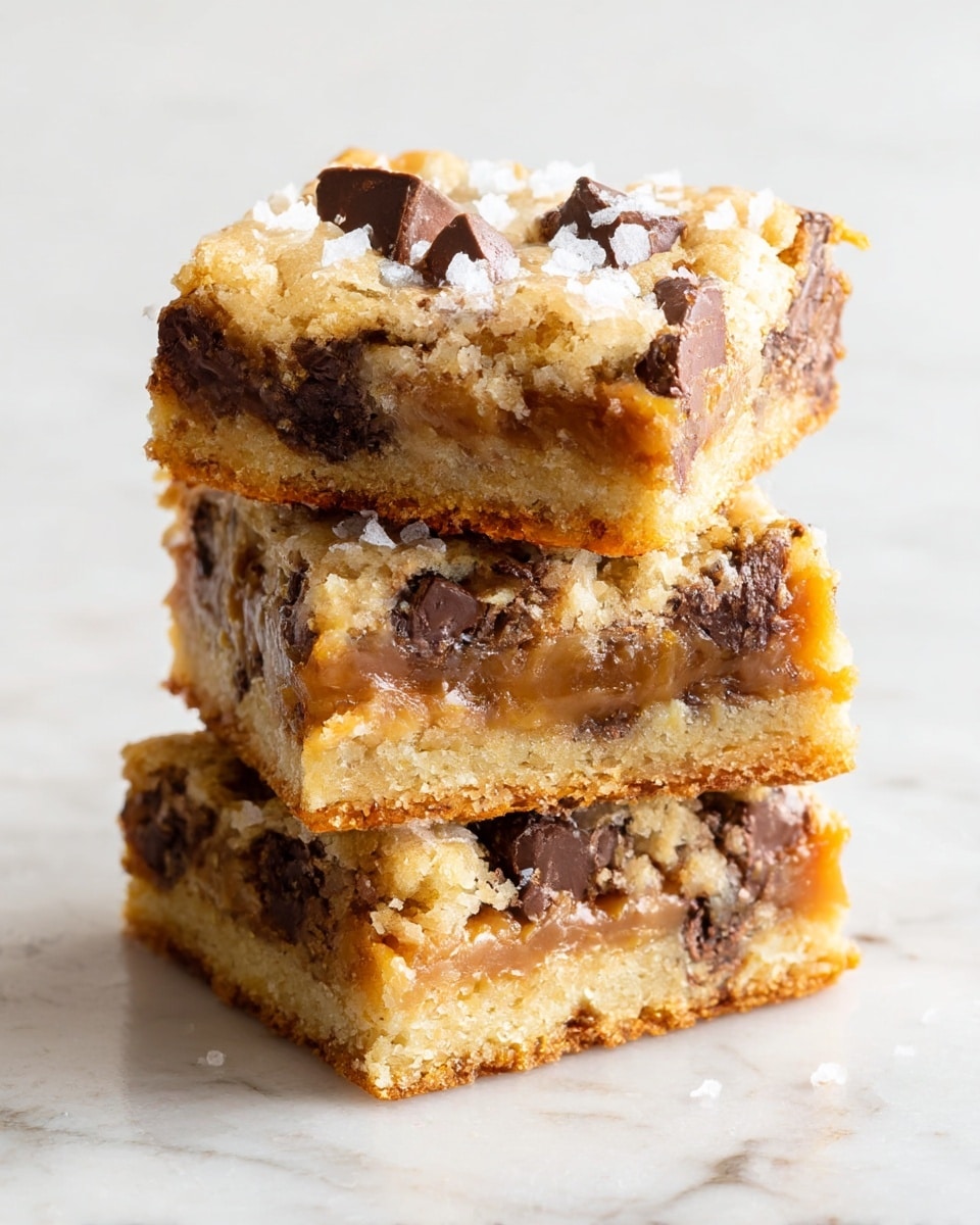 A stack of three square cookie bars sits on a white marbled surface, each bar showing three distinct layers: a light golden-brown crumbly cookie base with visible chunks of melted dark chocolate, a thick middle layer of smooth, creamy caramel with a glossy texture, and a top layer similar to the base with more scattered dark chocolate chunks and a slightly rough, crumbly surface sprinkled with coarse white sea salt flakes. The bars are stacked unevenly, highlighting their soft, gooey texture and rich mix of colors and textures. photo taken with an iphone --ar 4:5 --v 7