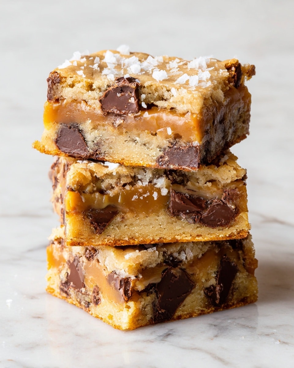 The image shows a stack of three thick dessert bars with three clear layers. The bottom layer is a golden-brown cookie dough embedded with large, dark chocolate chunks. The middle layer is a smooth, creamy caramel that looks rich and slightly melted around the edges. The top layer is another thick layer of cookie dough sprinkled lightly with white flakes, possibly coconut or sea salt, giving a bit of texture. The bars have a soft and gooey look with some chocolate pieces peeking out, all stacked on a white marbled surface. Photo taken with an iphone --ar 4:5 --v 7
