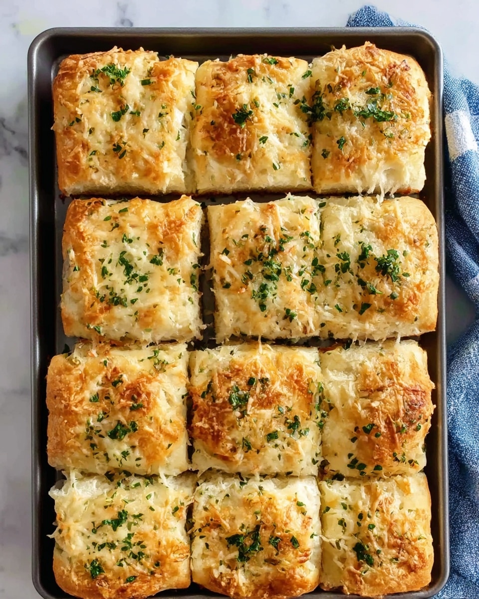 The image shows a baking tray filled with twelve square pieces of garlic bread. Each piece has a golden-brown top layer covered with melted cheese and sprinkled with finely chopped green herbs, giving a slightly textured look. The bread appears soft and fluffy inside, with the crust on top looking crispy and slightly bubbly. The pieces are neatly arranged in three rows of four, and the tray rests on a white marbled surface with a blue and white kitchen towel partially visible at the top right corner. photo taken with an iphone --ar 4:5 --v 7