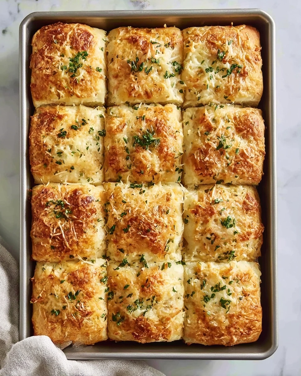 The image shows a rectangular metal baking pan filled with 12 square pieces of golden-brown baked bread. Each piece has a crispy, slightly rough top layer sprinkled with melted cheese and small green herbs, giving a fresh look. The bread edges are lightly browned and fluffy, and the inside looks soft and airy. The pan rests on a white marbled surface with a soft cloth nearby. photo taken with an iphone --ar 4:5 --v 7