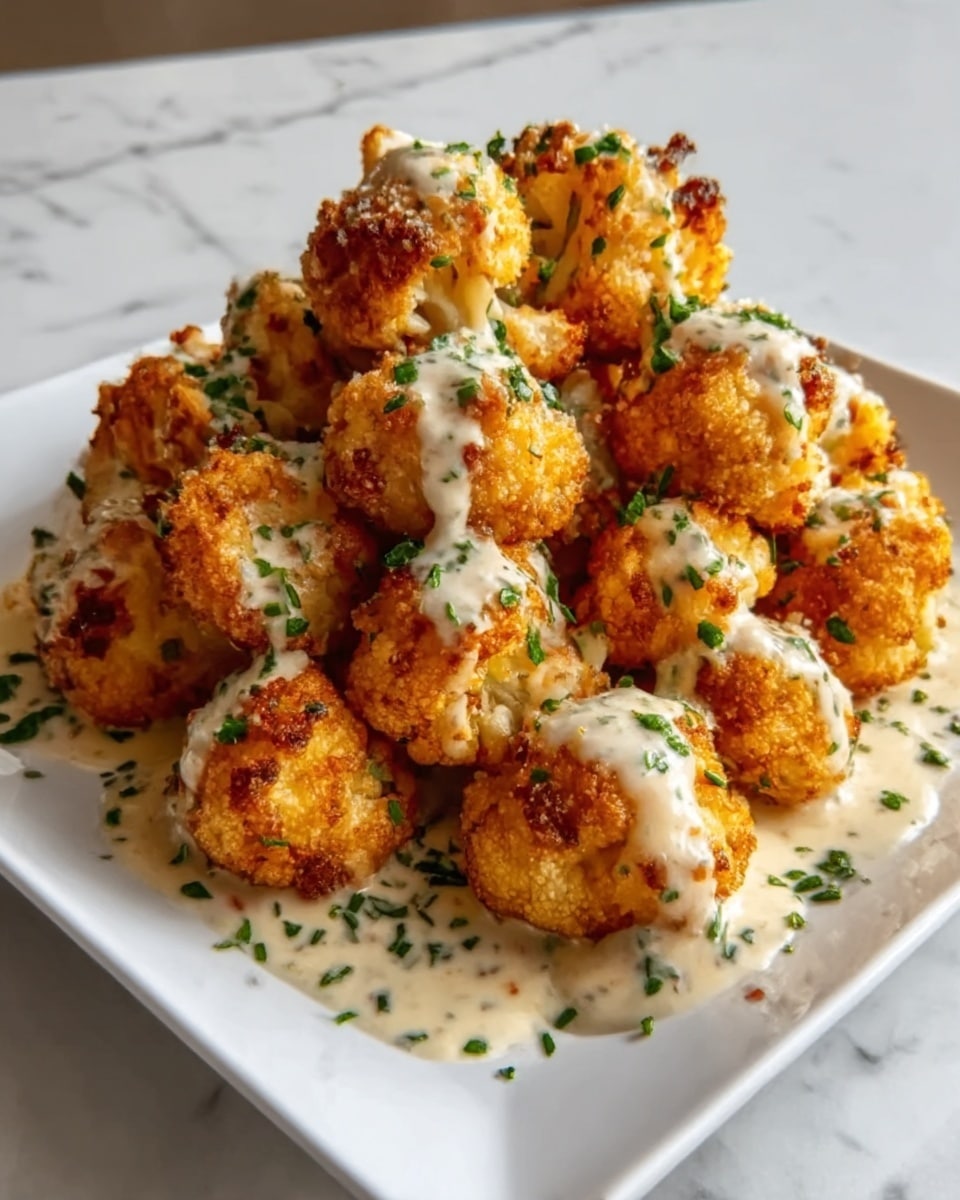 A white square plate holds a pile of golden brown fried cauliflower pieces, each with a crispy texture and some darker fried spots. The cauliflower is generously covered in a creamy white sauce with herbs, pooling slightly at the bottom of the plate. Small green herb bits are sprinkled all over, adding a pop of color. The plate is placed on a white marbled surface. photo taken with an iphone --ar 4:5 --v 7