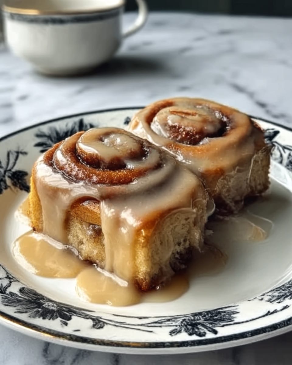A close-up of two cinnamon rolls on a white plate with black patterned edges, each roll with visible spiral layers of dough and cinnamon filling. The top layer is covered with thick, shiny, light caramel-colored icing that drips down the sides and pools onto the plate, blending with a darker caramel sauce underneath. The soft texture of the dough contrasts with the smooth glaze, and the setting shows a blurred background with warm tones. photo taken with an iphone --ar 4:5 --v 7