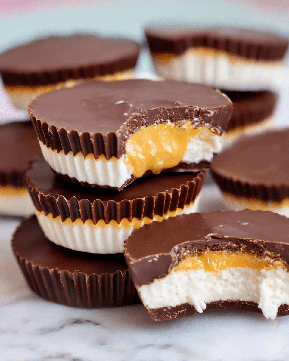 A close-up view of several round chocolate cups stacked on a white marbled surface. Each cup has three visible layers: a dark brown chocolate top layer with a smooth and shiny texture, a thin middle layer of orange-colored filling that looks soft and creamy, and a thick bottom layer of white filling that appears dense and slightly glossy. One chocolate cup at the top right shows a bite taken out, revealing the gooey orange center dripping slightly over the white layer. The edges of the chocolate cups are ridged, giving a cupcake liner effect. Photo taken with an iphone --ar 4:5 --v 7