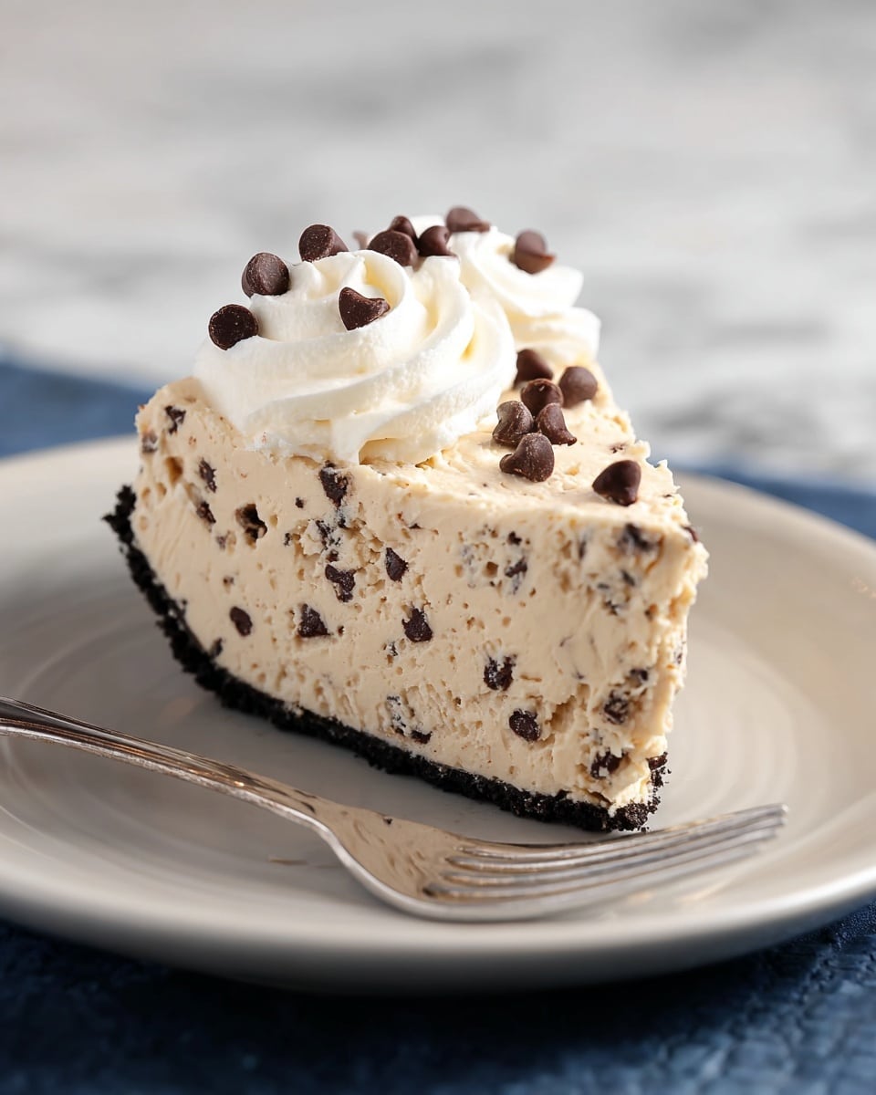 A slice of creamy beige ice cream pie is shown with many small dark chocolate chips mixed throughout the thick ice cream layer, all resting on a thin dark chocolate cookie crust at the bottom. On top of the ice cream is a swirl of smooth white whipped cream, decorated with more small dark chocolate chips. The pie slice is placed on a simple white plate, and a silver fork lies next to it. The background is a white marbled texture. Photo taken with an iphone --ar 4:5 --v 7