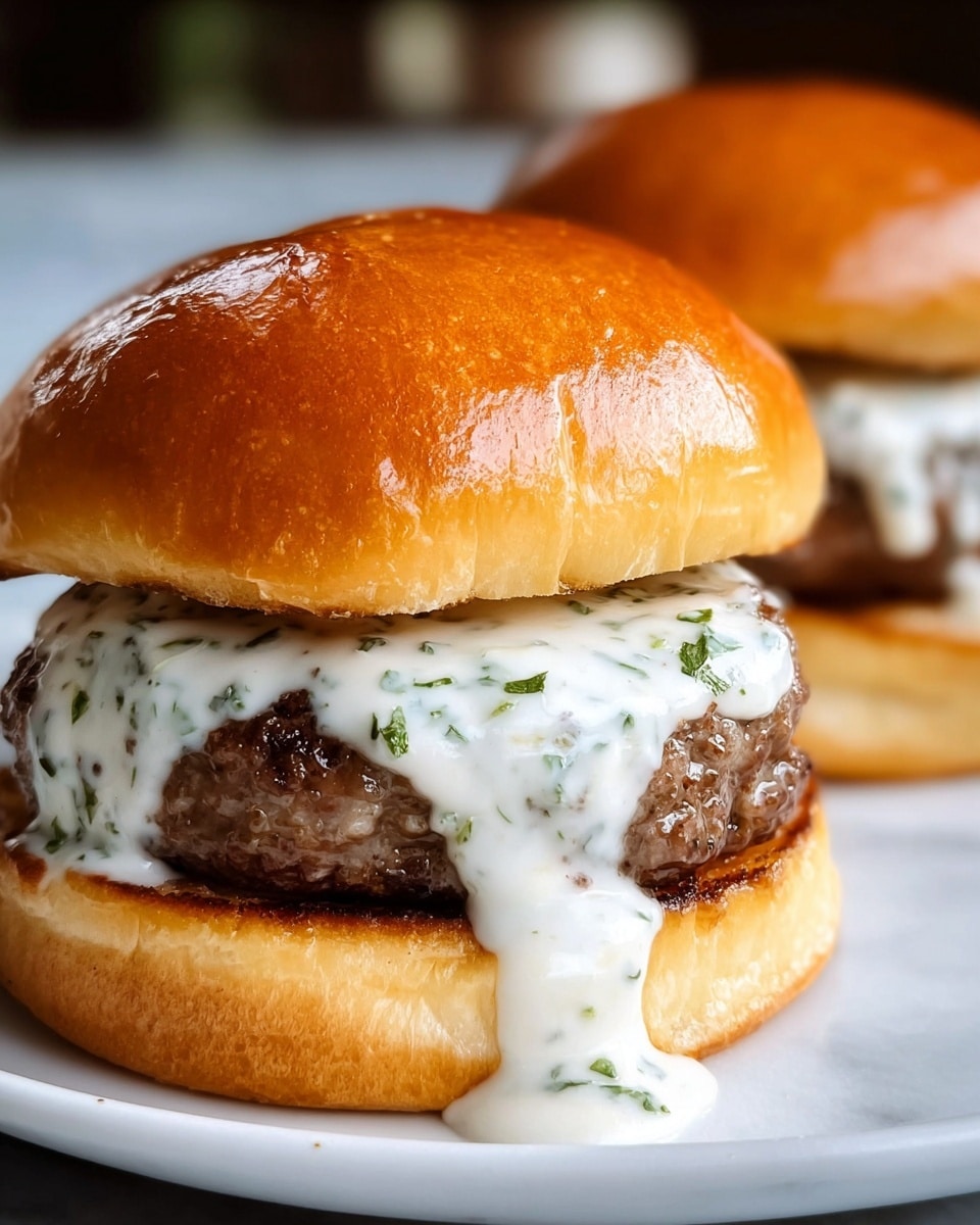 A close-up view of a burger with three main layers: a shiny, golden-brown top bun with a smooth texture, a thick beef patty cooked with grill marks, and a creamy white sauce with visible green herbs that drips slightly over the patty and onto the bottom bun, which is light golden and soft. There is another similar burger slightly blurred in the background, all placed on a white plate on a white marbled surface. Photo taken with an iphone --ar 4:5 --v 7