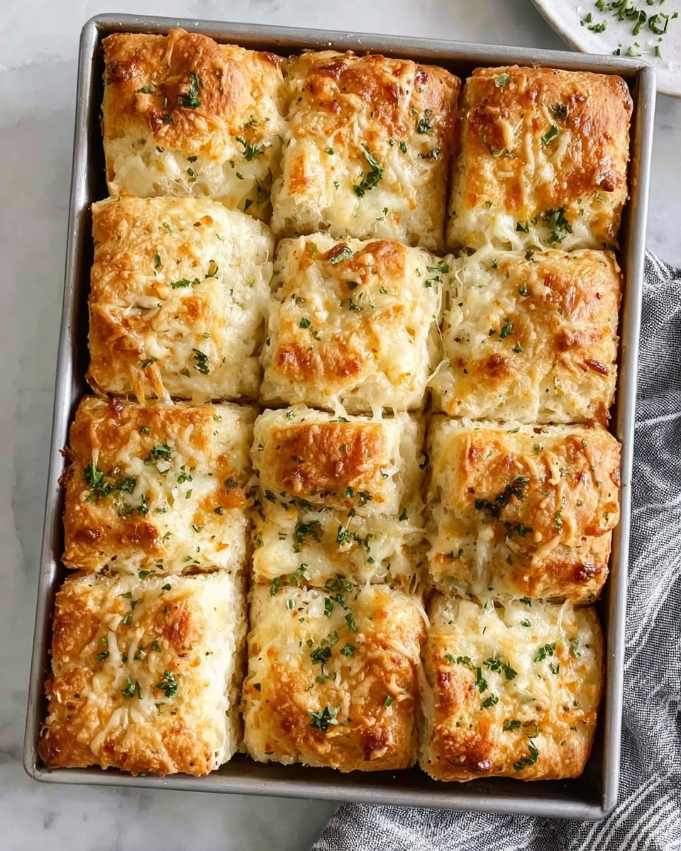 A metal pan holds twelve square pieces of golden brown baked bread, each topped with melted cheese and small bits of chopped green herbs. The bread has a soft, fluffy texture with a slightly crispy, browned top. The pieces are evenly cut and closely set together in a 3 by 4 grid. The pan is placed on a white marbled surface with a gray and white striped cloth partially visible on the right side. photo taken with an iphone --ar 4:5 --v 7