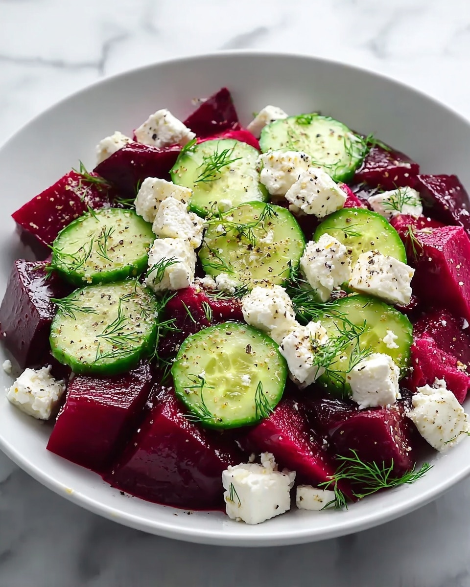 A white bowl filled with a salad showing three main layers: the bottom layer has bright red beet chunks that are cut into large, irregular pieces. On top of the beets, there are medium-thick, round cucumber slices with a fresh green outer edge and pale green inside. Scattered over the cucumbers and beets are white cubes and small crumbles of soft feta cheese. The salad is garnished with small green dill sprigs and sprinkled with coarse black pepper. The bowl sits on a white marbled texture surface. photo taken with an iphone --ar 4:5 --v 7