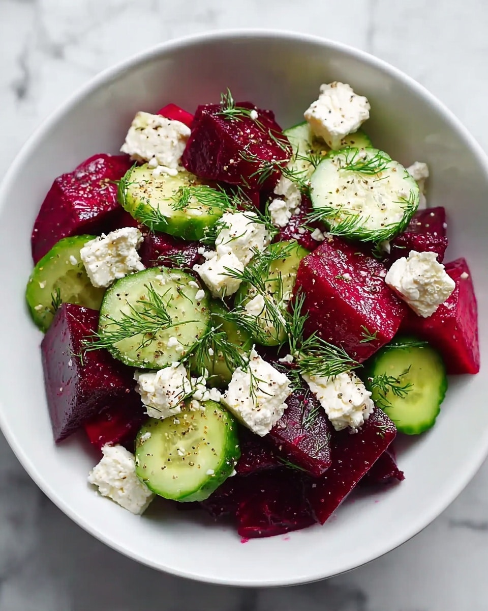 A white bowl holds a colorful salad with three main layers: large, shiny, deep red beet chunks form the bottom layer, fresh green cucumber slices with a light, crisp texture sit in the middle, and white feta cheese cubes with a slightly crumbly texture are scattered on top. Sprigs of fresh green dill are placed on top throughout the salad, adding texture and color contrast. The salad is lightly sprinkled with black pepper, giving it a bit of speckled detail. The bowl is set on a white marbled surface. photo taken with an iphone --ar 4:5 --v 7