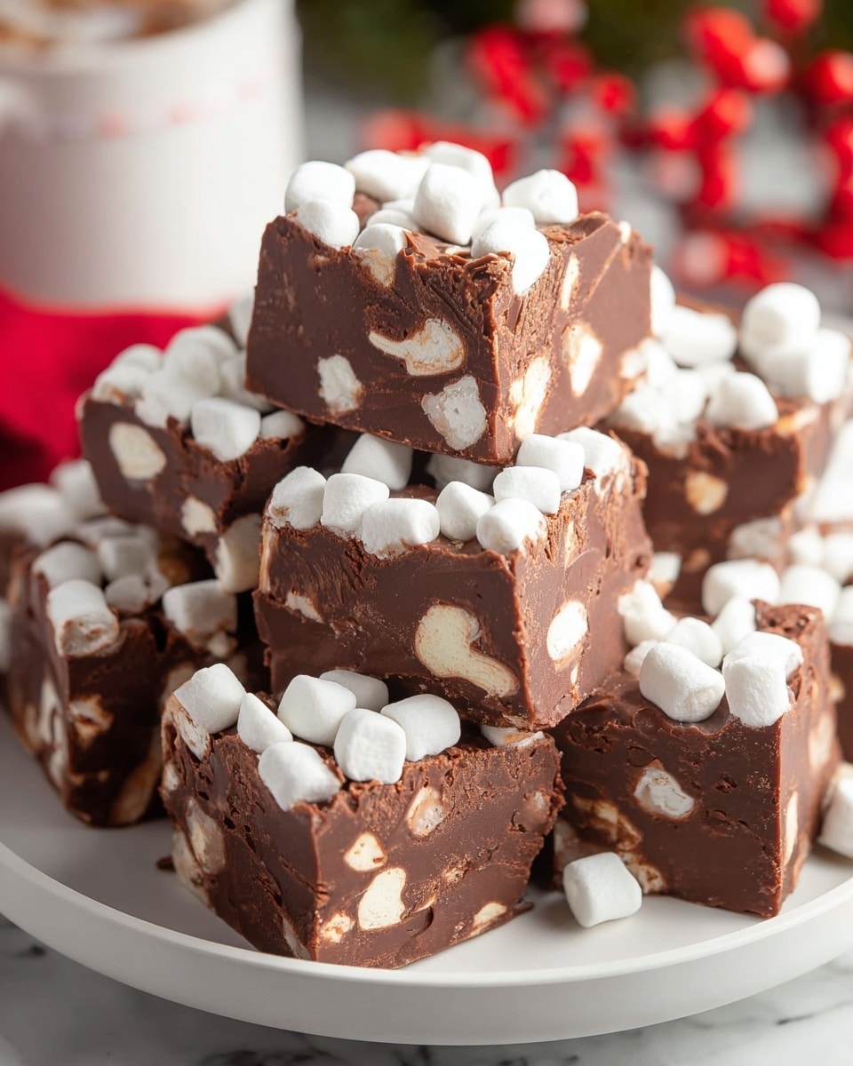 A close-up view of several thick, square pieces of chocolate fudge stacked on a white plate, each piece showing a dense, smooth dark brown chocolate base mixed with irregular chunks and whole mini white marshmallows embedded throughout, topped with more white marshmallows that add a soft, fluffy texture contrast against the rich chocolate. The plate is set on a white marbled surface with a blurred background featuring festive red and white holiday elements. Photo taken with an iphone --ar 4:5 --v 7