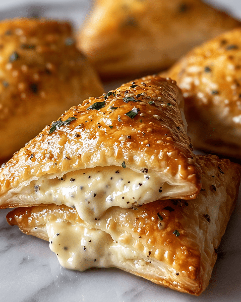 The image shows a close-up of a golden-baked pastry with a triangular shape, split open to reveal a creamy, white filling speckled with black pepper. The pastry crust is shiny and slightly flaky, sprinkled with small green herb bits on top. Behind this pastry, there are more of the same pastries, perfectly baked with a similar golden-brown shine and herb garnish. The pastries rest on a white marbled surface that enhances their warm color and texture. photo taken with an iphone --ar 4:5 --v 7