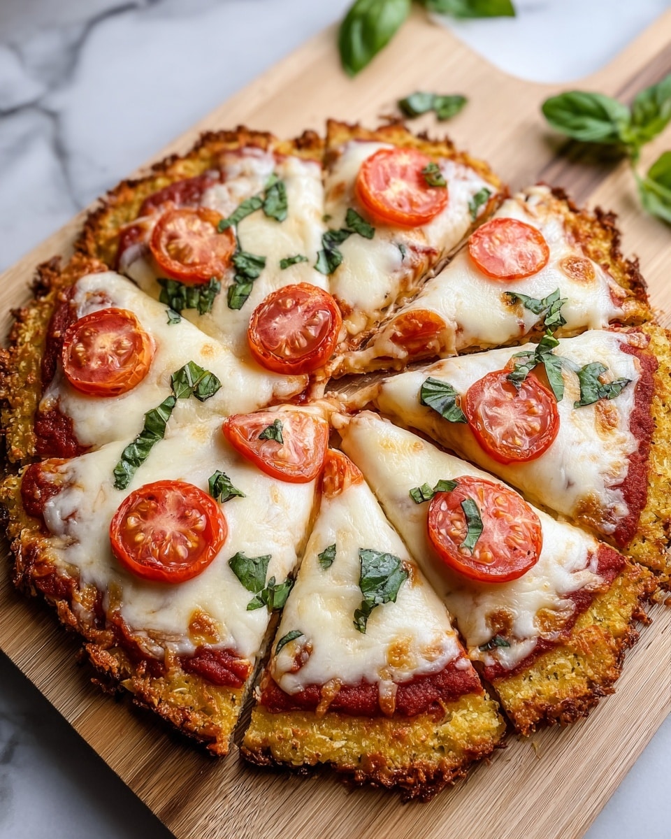 A round pizza with six slices is placed on a light wooden board over a white marbled surface. The bottom layer is a crispy-looking golden crust with a rough texture, likely made from a crumb mixture. On top of the crust is a thin layer of red tomato sauce spread evenly but not fully covering the edges. The third layer is melted white cheese that is thick and gooey, with golden brown spots where it has been baked. Each slice is topped with one or two slices of bright red tomato, and there are fresh green basil leaves scattered across the pizza, adding a pop of color. The edges of the crust appear crunchy and slightly uneven, showing a homemade style. photo taken with an iphone --ar 4:5 --v 7