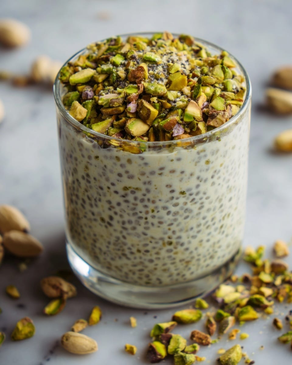 A clear glass filled with three visible layers of creamy chia pudding mixed with small black seeds, topped with a thick layer of chopped pistachio nuts in green and brown shades, some pistachio pieces scattered on a white marbled surface around the glass. The texture of the pudding looks smooth and slightly thick, with the nuts adding a rough contrast on top. photo taken with an iphone --ar 4:5 --v 7