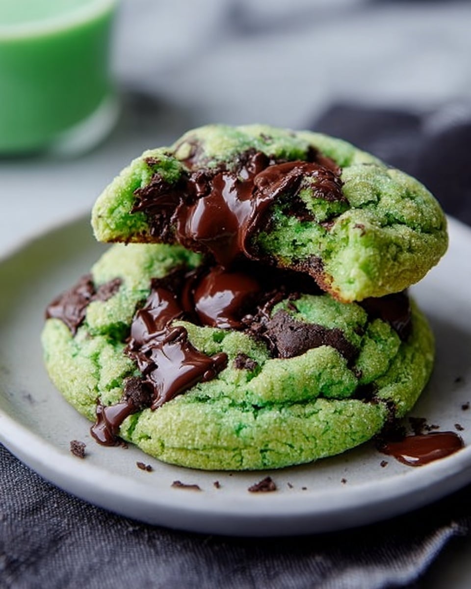Two bright green cookies with a cracked texture sit stacked on a round white plate. The top cookie is slightly broken, revealing soft, gooey, dark brown melted chocolate inside that oozes out in thick streaks over the green surface. The cookies have a powdery, slightly crumbly texture and look soft. The plate rests on a dark gray cloth, all placed on a white marbled surface. photo taken with an iphone --ar 4:5 --v 7