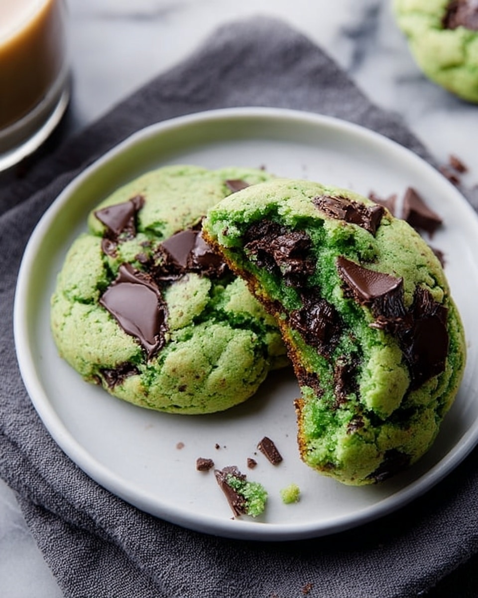 Two green cookies with melted dark chocolate pieces on top sit on a white plate. The cookies look soft and crumbly, with one cookie broken in half to show the gooey chocolate inside. The plate is placed on a dark gray cloth, and the background has a white marbled texture. photo taken with an iphone --ar 4:5 --v 7