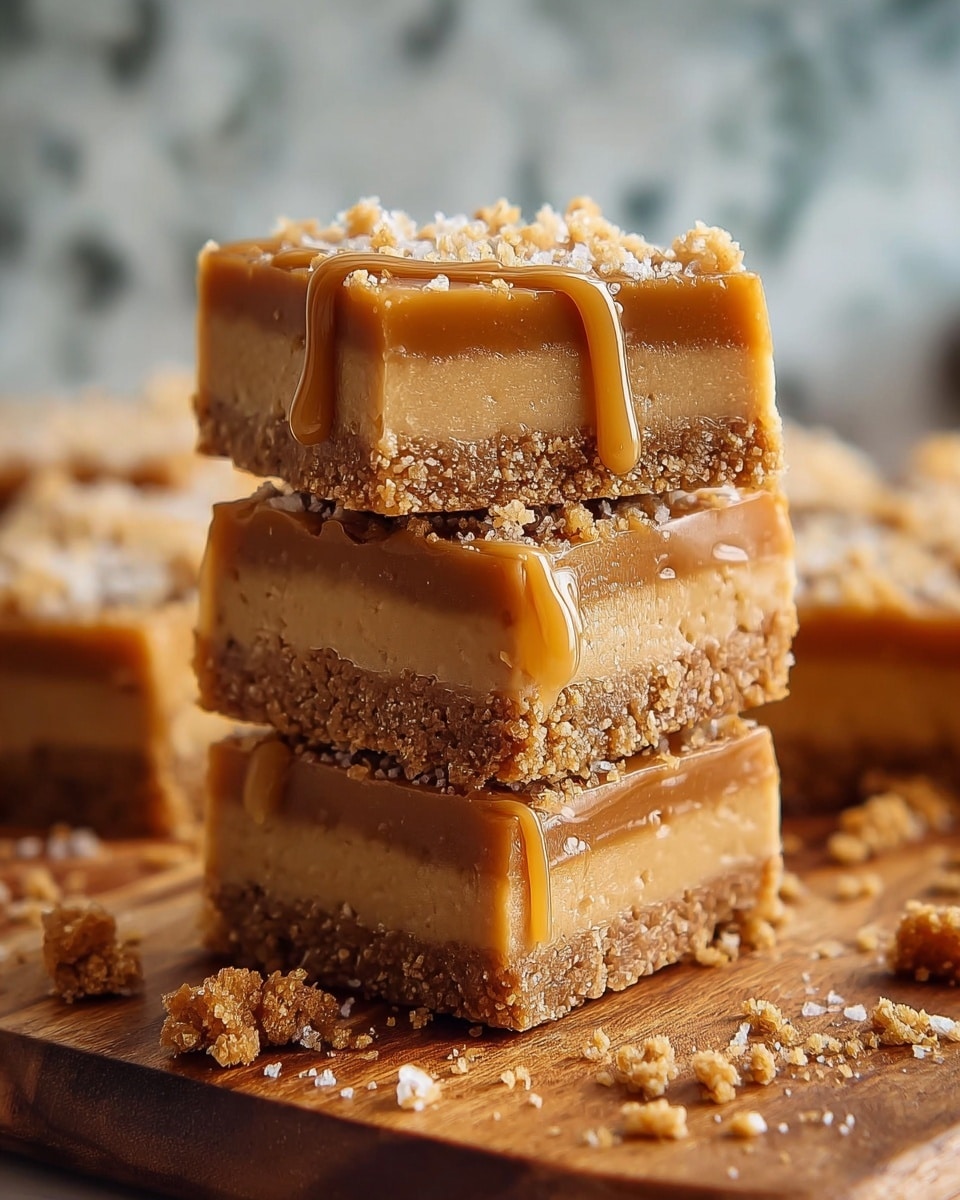 The image shows three stacked square dessert bars with two clear layers each. The bottom layer is thick and crumbly in light brown color, resembling a graham cracker crust. The top layer is smooth and glossy with a caramel hue, slightly dripping down the sides. Small crumbly bits are sprinkled on top and around the bars on a wooden surface. The background is softly blurred with a white marbled texture. photo taken with an iphone --ar 4:5 --v 7