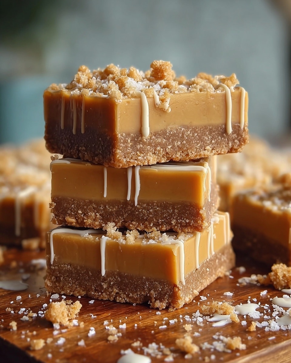 The image shows three stacked square dessert bars with two clear layers each: a thick, crumbly brown base with a coarse texture, and a smooth, glossy caramel-colored top layer. The top of each bar is sprinkled with crumbled bits and drizzled with a light cream-colored glaze that runs slightly down the sides. The bars sit on a wooden surface scattered with crumbs, all set against a soft, out-of-focus background. photo taken with an iphone --ar 4:5 --v 7