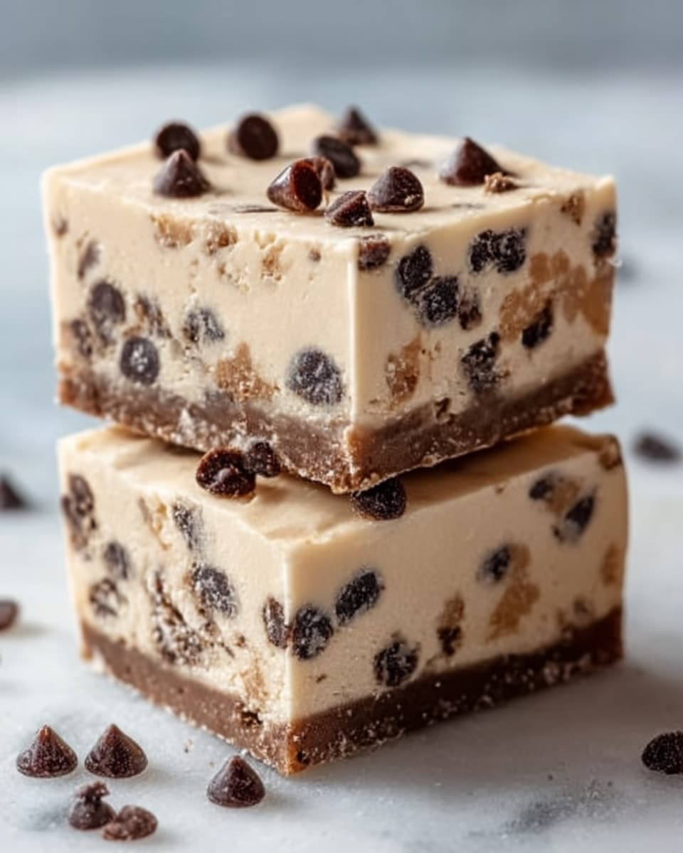 The image shows two stacked square pieces of a creamy dessert bar on a white marbled surface. The bottom layer is a dark chocolate base with a slightly rough texture, while the top layer is thick and light beige in color, filled with scattered dark chocolate chunks. The top of the dessert is decorated with small, dark chocolate chips placed unevenly. The overall look is rich and smooth with a nice contrast between the dark bottom and creamy top. Photo taken with an iphone --ar 4:5 --v 7