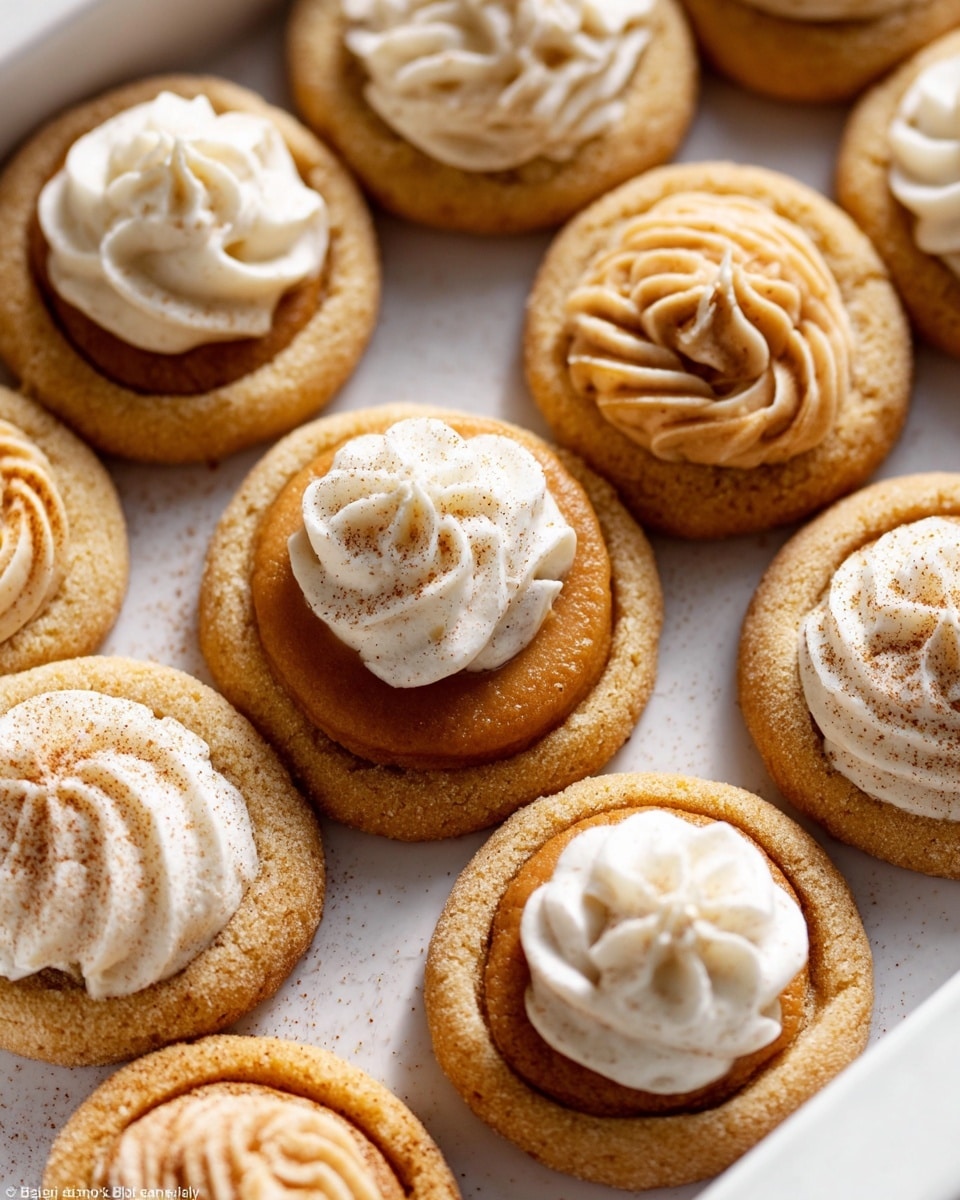 A close-up view of round cookies arranged in a white tray, each cookie having two layers: the bottom layer is a soft, golden-brown dough with a slightly rough texture, and the top layer varies between a smooth, light brown filling that looks creamy and a swirl of white whipped cream with a dusting of light brown spice on top. The whipped cream is piped in different patterns, some in tight vertical waves and others in small rosettes. The whole tray is placed on a white marbled surface. photo taken with an iphone --ar 4:5 --v 7