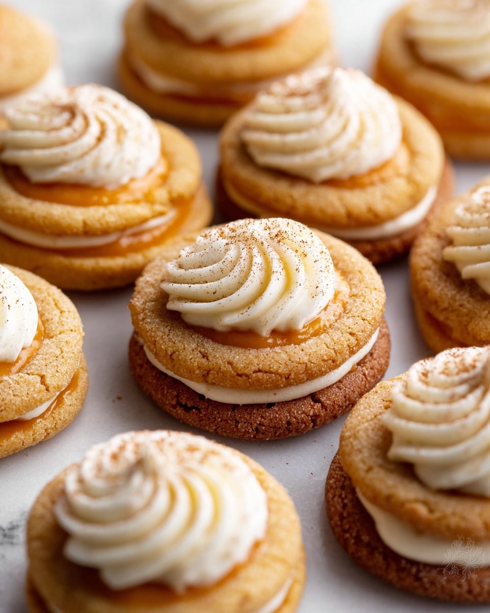 The image shows close-up small round cookies with soft, light brown edges and a slight texture on the surface. Each cookie has two layers: the bottom layer is the cookie itself, golden-brown with a tender crumb, while the second layer varies between a smooth, orange filling and a piped swirl of white cream on top. The cream on some cookies is garnished with a light dusting of brown spice. The cookies are placed closely together on a white marbled surface, highlighting their soft texture and creamy topping detail. photo taken with an iphone --ar 4:5 --v 7