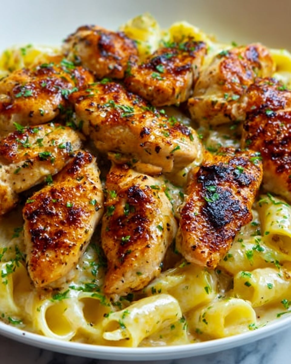 The image shows a close-up of a dish with golden-brown grilled chicken pieces on top of creamy pasta. There are about ten pieces of chicken, each with a shiny, slightly charred surface and some green herbs sprinkled on them. The pasta underneath is pale yellow with a smooth, creamy sauce visible between the pasta tubes, giving it a soft texture. The whole dish is placed on a white plate, set on a white marbled surface. Photo taken with an iphone --ar 4:5 --v 7
