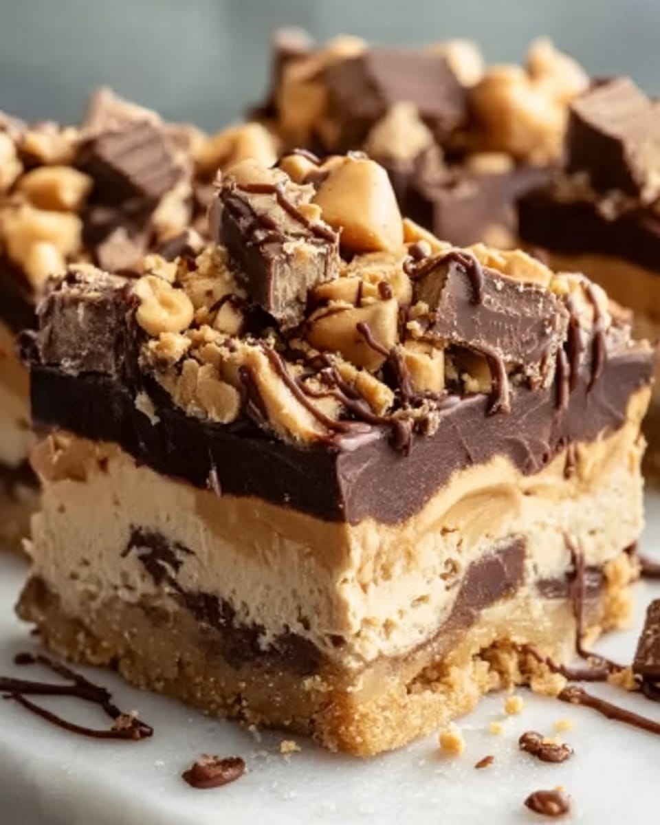 The image shows a close-up of a multi-layered dessert bar with four visible layers. The bottom layer is a firm crust that looks slightly crumbly and light brown. Above it is a creamy, smooth, light tan peanut butter layer. The next layer is thick, dark chocolate spread evenly over the peanut butter layer. On top, there are scattered chunks of light tan peanut butter cups and crushed pieces of peanut brittle or candy, creating a rough texture. There is also a drizzle of dark chocolate over the top. The dessert rests on a white marbled surface. Photo taken with an iphone --ar 4:5 --v 7
