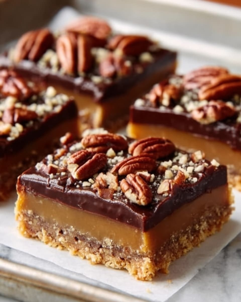 The image shows a tray with two square dessert bars on a white parchment paper. Each bar has three visible layers: the bottom layer is a crumbly, golden-brown crust; the middle layer is a smooth, creamy caramel with a light tan color; the top layer is a rich, dark chocolate ganache that looks shiny and smooth, topped with whole pecans and small crushed pieces of nuts scattered evenly. The background is a white marbled texture. photo taken with an iphone --ar 4:5 --v 7
