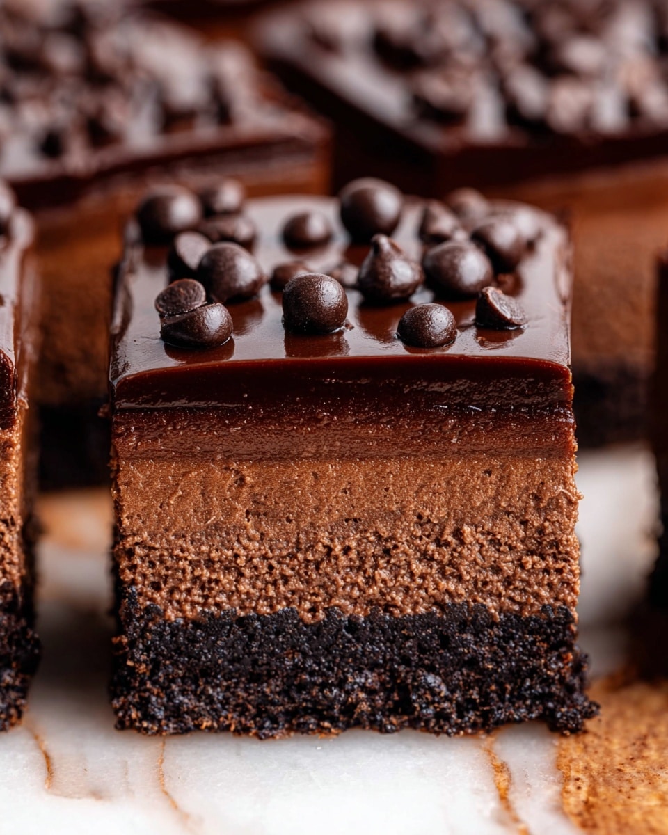 A close-up of a square piece of layered chocolate dessert with four distinct layers from bottom to top: a dark, crumbly base, a thick layer of dark brown mousse with a slightly grainy texture, a smooth, glossy chocolate ganache layer, and a top layer of shiny, dark chocolate frosting decorated with small round chocolate pieces scattered across. The dessert is set on a white marbled surface with more pieces of the same dessert blurred in the background. Photo taken with an iphone --ar 4:5 --v 7