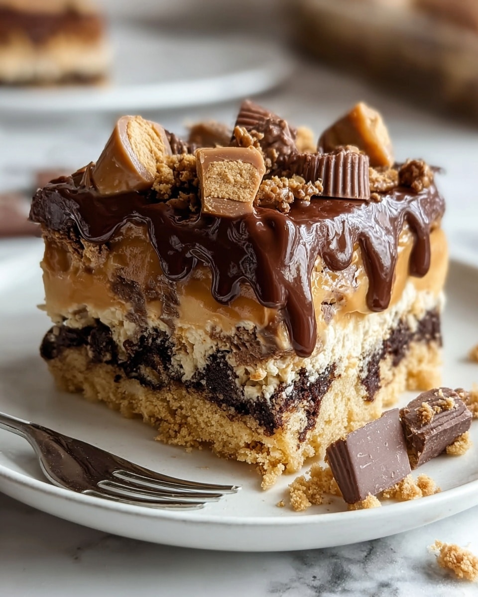 A close-up of a square dessert bar on a white plate with a fork beside it. The dessert has four visible layers: the bottom layer is a crumbly, light golden brown crust, the second layer is a dense mix with chunks of dark chocolate, the third layer is a smooth, creamy caramel filling, and the top layer is a thick, glossy dark chocolate ganache that is dripping down the sides. On top, there are scattered pieces of chocolate chunks and peanut butter bits, adding texture and color contrast. The plate is on a white marbled textured surface. Photo taken with an iphone --ar 4:5 --v 7