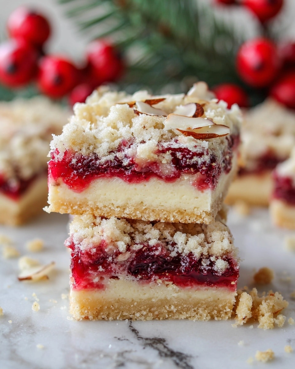 The image shows two stacked dessert bars with three visible layers. The bottom and middle layers are thick and creamy light beige cake-like bases with a soft texture. Between these layers is a bright red, slightly glossy fruit filling with pieces of fruit, giving a juicy and rich look. The top layer is a crumbly light beige streusel sprinkled with thin almond slices that add texture and contrast. The bars are on a white marbled surface with a bit of fruit filling and crumbs around them. In the out-of-focus background, there are red berries and green pine branches adding a festive feel. Photo taken with an iphone --ar 4:5 --v 7
