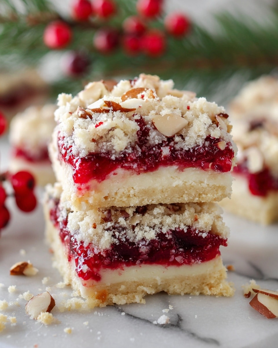 The image shows a close-up of two stacked dessert squares on a white marbled surface, each with three layers. The bottom layer is a thick, soft, white cake base with a smooth texture. The middle layer is a bright red, glossy fruit filling with chunks of berries, giving it a juicy look. The top layer is made up of crumbly white streusel sprinkled with thin slices of light brown almonds. Some crumbs and almond slices are scattered around the blocks, adding a natural, homemade feel. In the blurred background, red berries and green pine needles hint at a festive setting. photo taken with an iphone --ar 4:5 --v 7