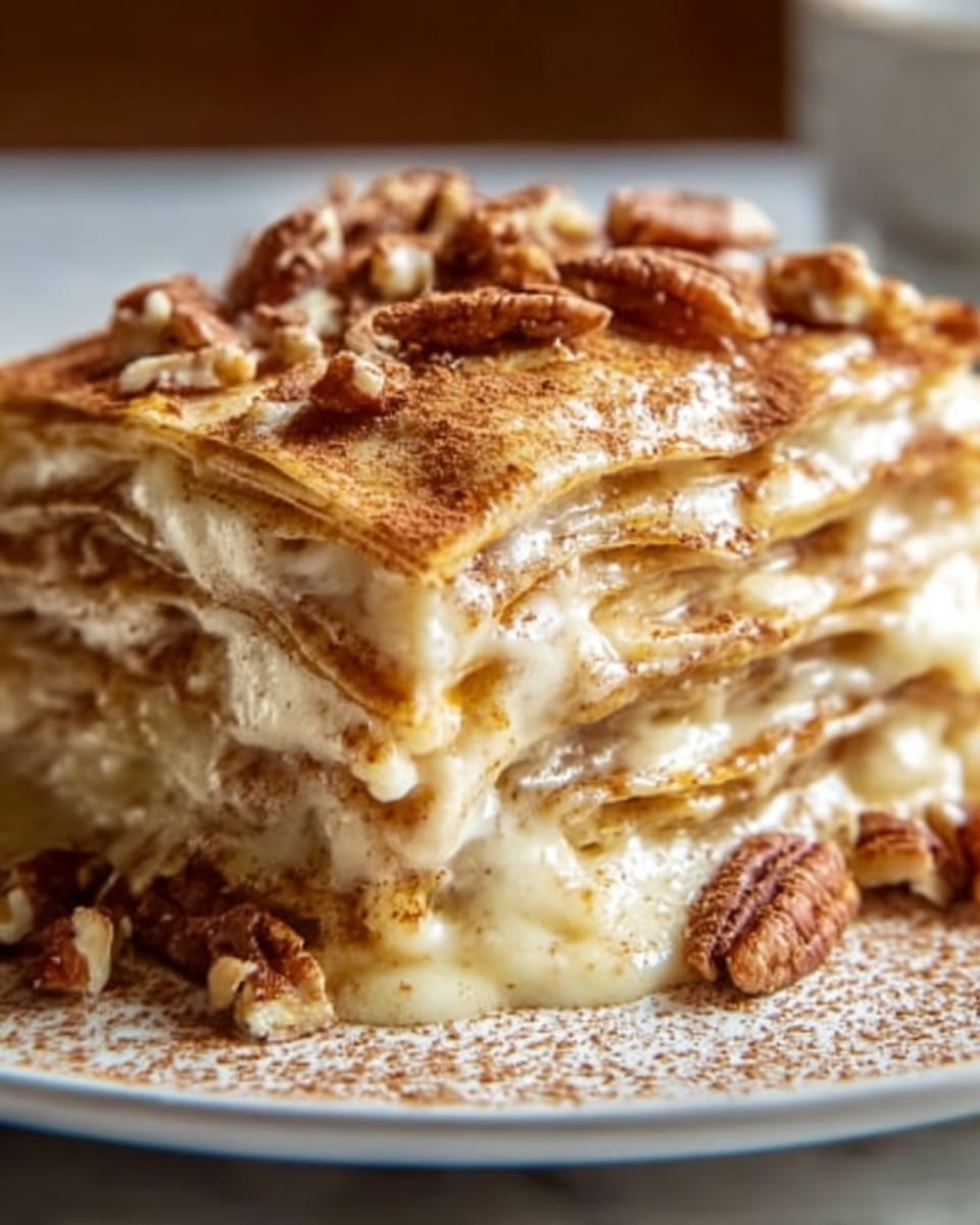 The image shows a close-up of a slice of layered lasagna on a white plate on a white marbled surface. The lasagna has multiple thin layers, each with a light brown pasta sheet, a creamy white cheese sauce that is slightly melted and gooey, and a brown meat sauce with small bits of meat. The top layer is covered with melted cheese sprinkled lightly with a reddish-brown spice or herb. The edges of the lasagna are slightly browned, with some melted cheese oozing out. Photo taken with an iphone --ar 4:5 --v 7