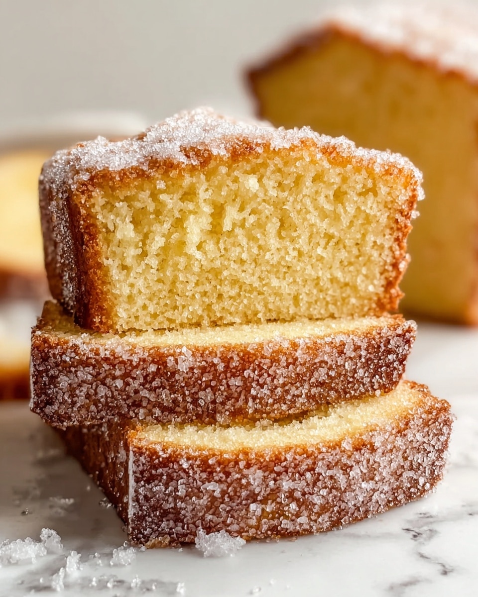 The image shows a close-up of three thick slices of golden-yellow pound cake stacked slightly unevenly on a white marbled surface. Each slice has a light brown crust coated generously with fine sugar crystals, giving it a sparkly texture. The inside of the cake appears moist and soft with a smooth crumb. In the blurred background, there is a whole pound cake with the same sugar-coated crust. A few sugar crystals are scattered around the base of the stacked slices. photo taken with an iphone --ar 4:5 --v 7