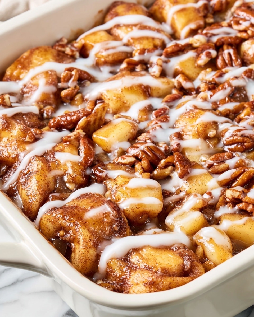 This dish shows a close-up of a baked dessert with three main visible layers: the bottom layer consists of soft, browned dough pieces with a cinnamon coating that are slightly folded and uneven. The middle layer includes small chunks of golden brown cooked apples, mixed with darker, glossy caramel or syrup, giving a sticky and shiny texture. The top is sprinkled with evenly spread pecan halves that are light brown and slightly shiny. The entire dish is drizzled with thin white icing in a zigzag pattern. The dessert sits inside a white ceramic baking dish placed on a white marbled surface. Photo taken with an iphone --ar 4:5 --v 7