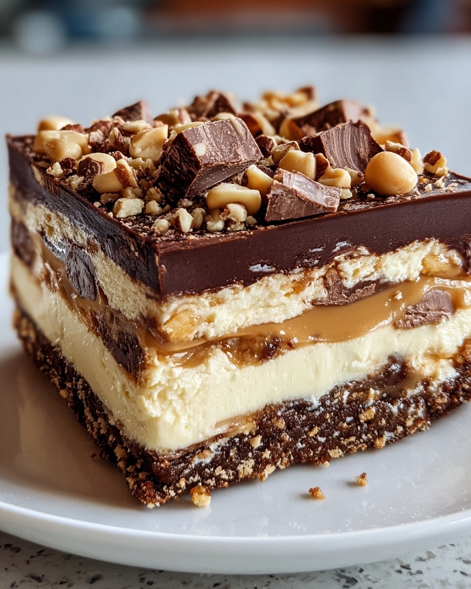 A close-up view of a multi-layered dessert square sits on a white plate over a white marbled texture. The bottom layer is a crumbly, dark brown crust with a slightly rough texture. Above it is a thin glossy dark chocolate layer. Next is a thick creamy beige layer that looks soft and smooth, followed by a thin layer of brown caramel with chunks of nuts or candy mixed in. Another layer of the creamy beige filling is on top of the caramel. The topmost layer is a thick smooth dark chocolate glaze, covered with chopped mixed nuts and chocolate pieces that add a rough, uneven texture. photo taken with an iphone --ar 4:5 --v 7