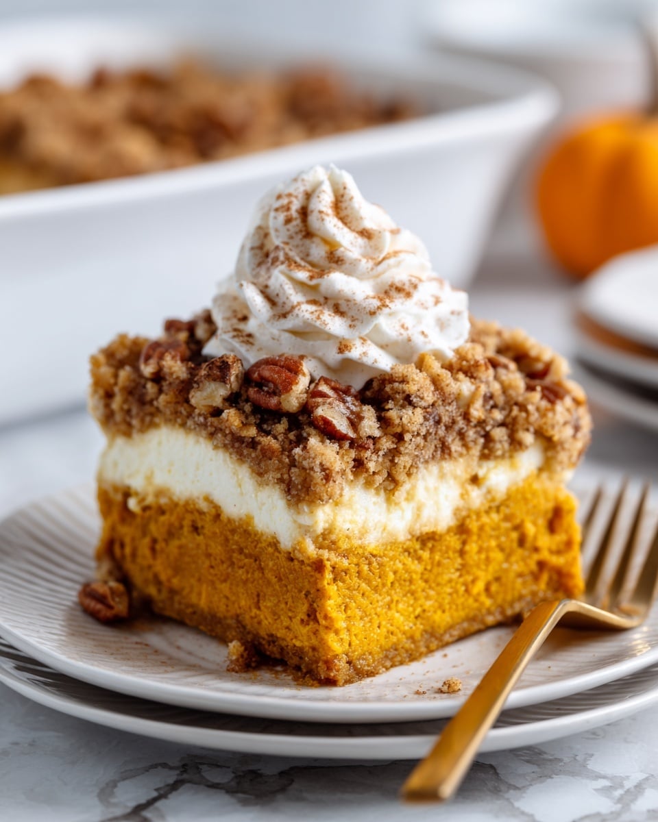 A thick square slice of pumpkin cake sits on a white plate, showing three clear layers: a dense orange base, a creamy white middle layer, and a crumbly brown topping with pecans scattered on top and mixed in. On the top center, there is a tall swirl of whipped cream sprinkled with cinnamon. A gold fork rests on the side of the plate. In the background, a white baking dish with more cake is slightly blurred, all on a white marbled surface. photo taken with an iphone --ar 4:5 --v 7