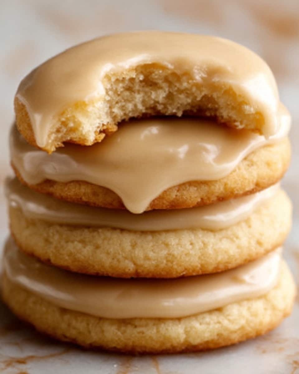 A close-up view of a stack of three soft cookies with smooth, light brown icing on top. The bottom cookie is thick and light golden brown, the middle cookie is slightly thinner with the same color, and the top cookie has a bite taken out of it revealing a soft and crumbly inside. The icing is shiny and glossy, covering the entire top of each cookie and slightly dripping over the edges. The background shows a blurred white marbled texture. Photo taken with an iphone --ar 4:5 --v 7