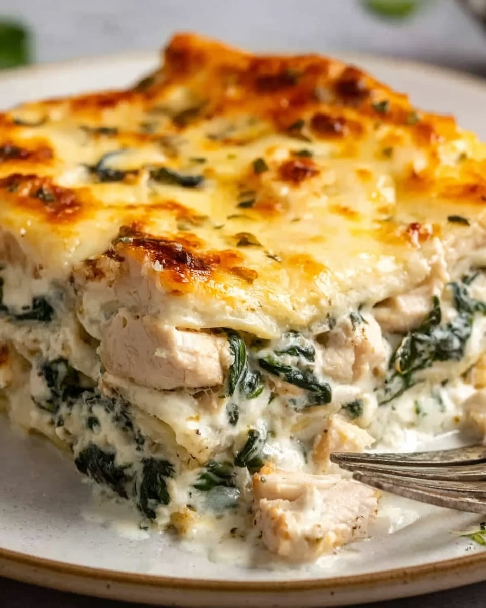 A close-up of a slice of lasagna on a white plate, showing multiple layers: a bottom layer of soft pasta, a thick layer of creamy white cheese mixed with pieces of cooked white chicken and green spinach, topped with melted golden-brown cheese sprinkled with chopped fresh green herbs. The texture is creamy with browned cheese spots and visible bits of chicken and spinach. A fork is partially under the slice with a woman's hand holding it, resting on a white marbled surface in the background. Photo taken with an iphone --ar 4:5 --v 7