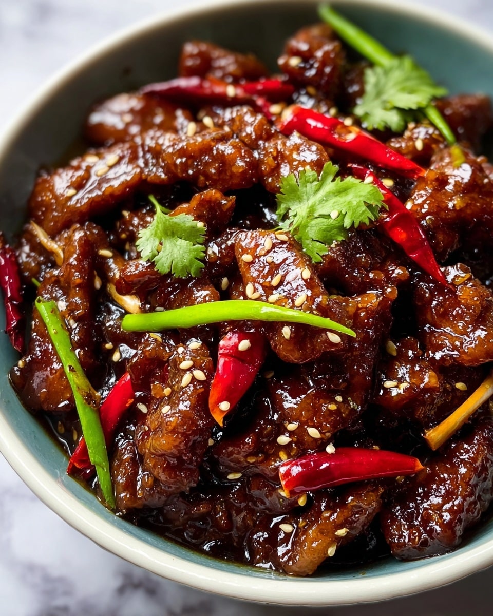 The dish is served in a white bowl, filled with glossy pieces of fried meat coated in a thick, dark brown sauce that looks sticky and rich. Red and green chili peppers are scattered throughout, adding bright spots of color with their shiny, smooth skins. Small sesame seeds are sprinkled on top, along with a few fresh green cilantro leaves for a touch of freshness. The meat pieces have a crispy texture beneath the sauce. The bowl sits on a white marbled surface. photo taken with an iphone --ar 4:5 --v 7