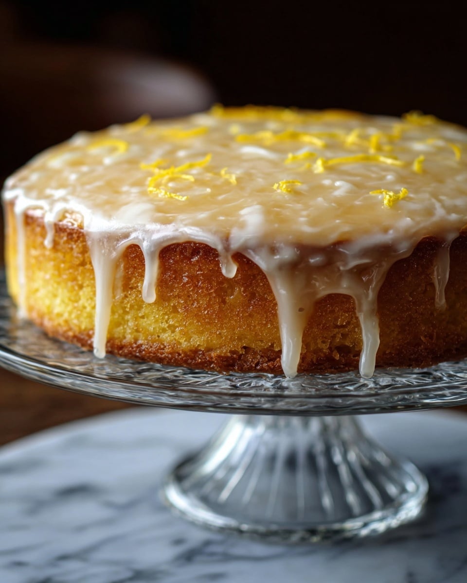 A single-layer yellow cake sits on a clear glass cake stand with a raised base. The cake layer is thick and golden brown on the sides, with a moist texture visible on the surface. It is topped with a glossy, creamy white icing that spreads unevenly across the top and drips down the sides in thick streams, showing a slightly translucent consistency. Small, thin yellow strips, likely lemon zest, are scattered lightly on the icing's surface, adding texture and color contrast. The background is softly blurred with dark tones, while the cake stand rests on a white marbled texture. Photo taken with an iphone --ar 4:5 --v 7