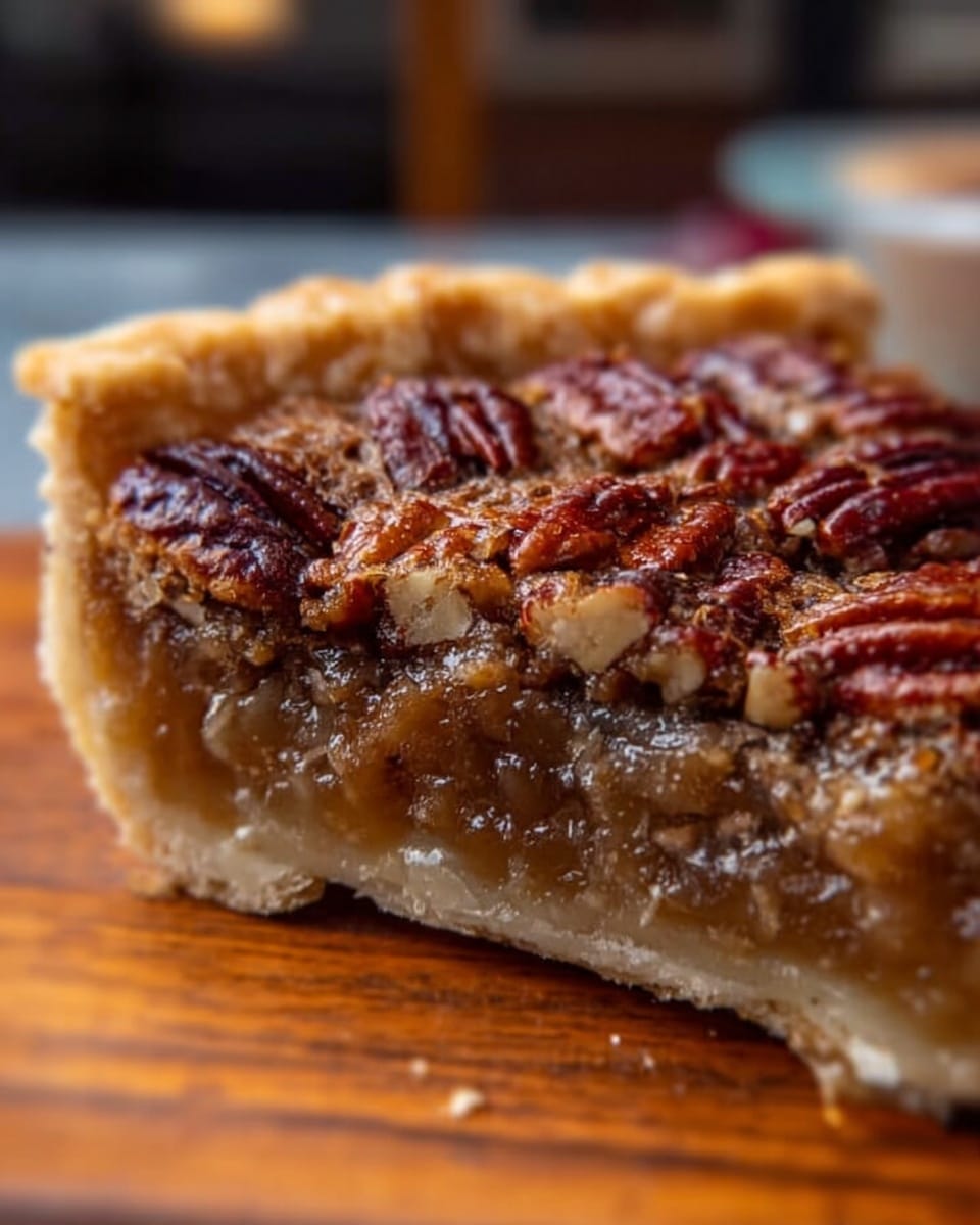 The image shows a close-up of a slice of pecan pie on a wooden surface. The pie has three clear layers: the bottom layer is a light, flaky crust; the middle layer is a smooth, golden-brown filling; and the top layer is covered with whole pecans that are shiny and slightly caramelized, giving a glossy texture. The photo is focused on the pie’s edge, highlighting the thickness of each layer and the nuts on top. The background is softly blurred. Photo taken with an iphone --ar 4:5 --v 7