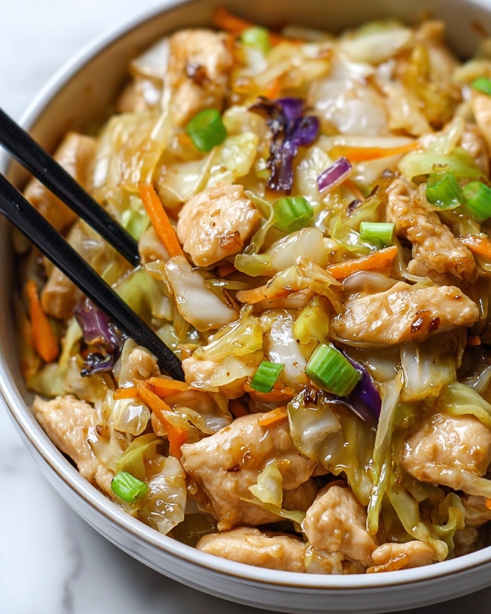A close-up of a bowl with stir-fried pieces of light brown cooked chicken mixed with slightly translucent light green cabbage, small bits of orange carrot, chopped bright green onions, and tiny pieces of purple onion. The dish has a glossy texture showing it is cooked with sauce. A pair of black chopsticks holds some chicken pieces at the side of the bowl. The bowl is white and placed on a white marbled surface. photo taken with an iphone --ar 4:5 --v 7