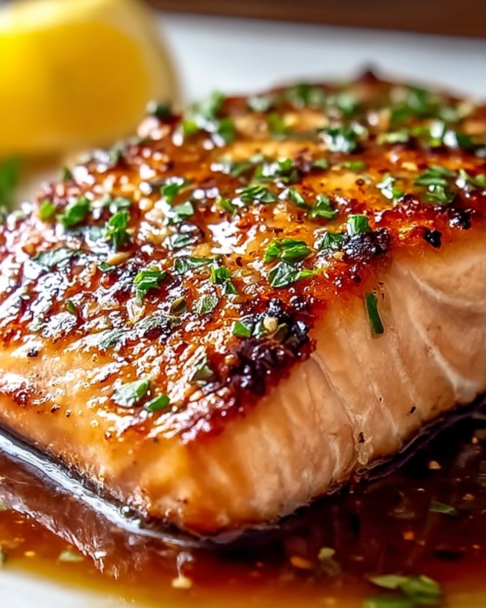 A close-up view of a cooked salmon fillet shows a golden-brown crust with a slightly charred, crispy top layer, seasoned with small green herbs scattered evenly across. The middle layer reveals tender, pink salmon flesh with visible flaky texture. The fillet rests in a shiny, dark brown sauce that pools around the sides. In the background, a blurred yellow lemon wedge appears. All is set on a white marbled surface. photo taken with an iphone --ar 4:5 --v 7