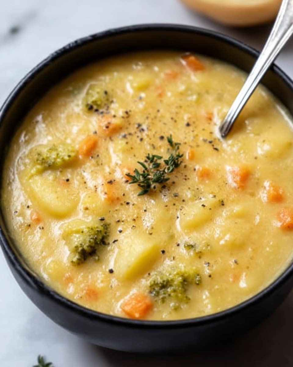 A black bowl filled with thick, creamy yellow soup that has visible chunks of potatoes, small pieces of broccoli, and bits of orange carrot. The soup is topped with a small sprig of fresh green thyme and sprinkled with black pepper. A silver spoon is resting on the edge of the bowl with its tip inside the soup. The bowl sits on a white marbled surface. photo taken with an iphone --ar 4:5 --v 7