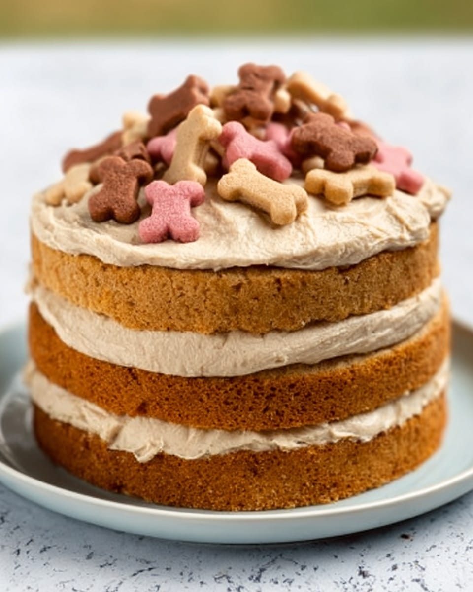 The image shows a two-layer cake on a white plate, placed on a white marbled surface. The bottom layer is a golden-brown color and textured like a soft sponge. Between the two layers, there is a thick, light beige frosting with a smooth, creamy texture. The top layer matches the bottom one in color and texture. On top of the cake, there is more light beige frosting, spread thickly and slightly swirled. Finishing the look, there are many small, bone-shaped treats in shades of pink, brown, and tan placed both around the base of the cake and piled on top. Photo taken with an iphone --ar 4:5 --v 7