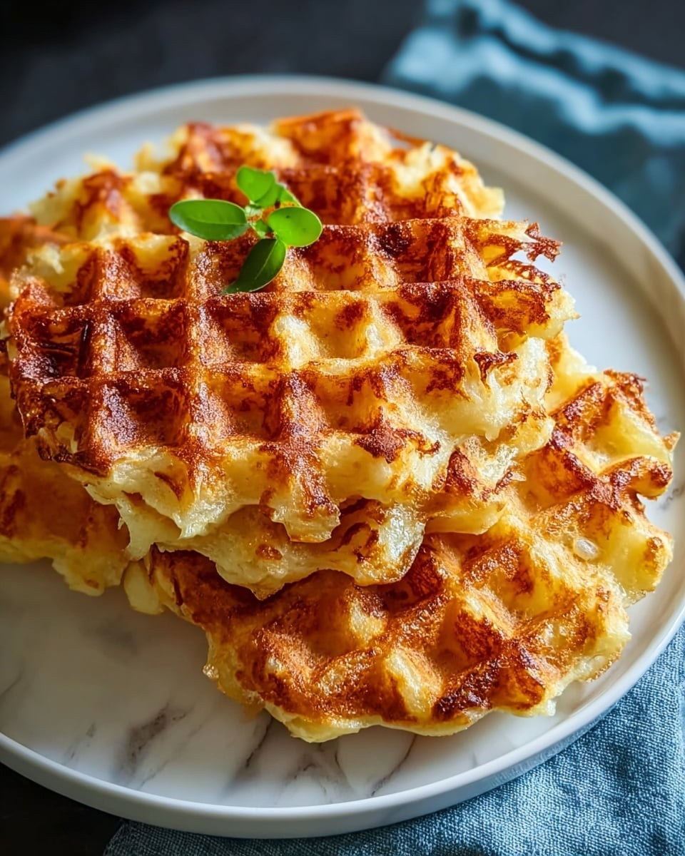 A white plate stacked with three round golden-brown crispy waffles, each showing a delicate grid pattern and slightly uneven edges with a crunchy texture. The top waffle has a small green leaf garnish in the center, adding a fresh touch to the warm, toasted surface. The waffles show a mix of light yellow and deeper browned areas indicating a perfectly cooked, crunchy exterior and soft interior. The plate is set on a white marbled surface with a blue cloth partially visible at the side. photo taken with an iphone --ar 4:5 --v 7