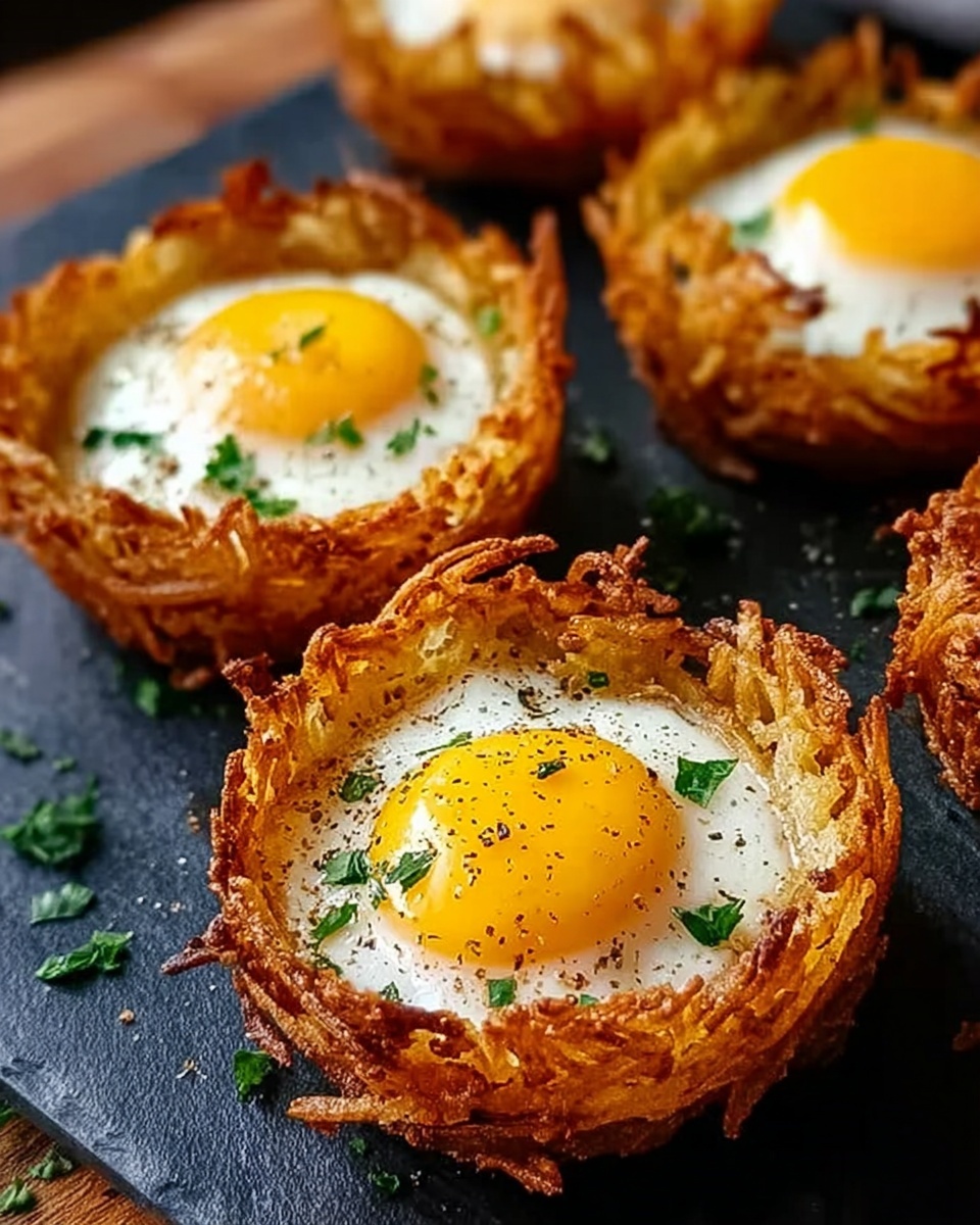 The image shows four golden-brown crispy nests made from shredded potatoes, each holding a sunny-side-up egg perfectly cooked with bright yellow yolks and firm white edges. The nests have a rough, crunchy texture on the outside, forming a cup shape that holds the eggs snugly. Each egg is sprinkled lightly with black pepper and finely chopped green herbs. These nests are placed on a dark surface with hints of wooden texture in the background, with a close-up view that highlights their crispiness and color contrast. photo taken with an iphone --ar 4:5 --v 7