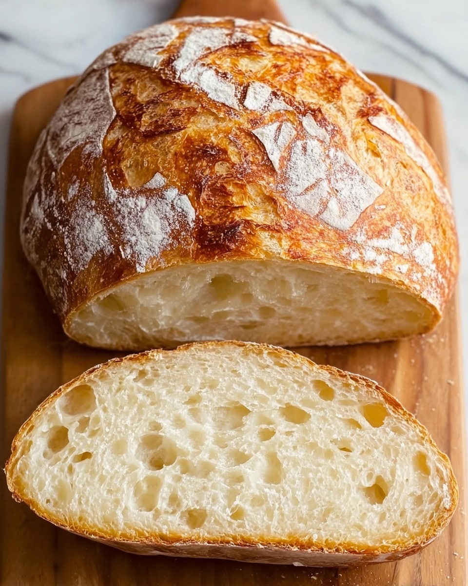 A close-up image of a round loaf of bread cut in half, placed on a wooden board over a white marbled texture. The top half shows a golden brown crust with irregular patterns of white flour dusted on its surface, creating a textured look with some cracks and a crispy appearance. The bottom half reveals the inner soft crumb, pale cream in color with an open, airy structure that has uneven holes scattered throughout. The loaf looks freshly baked with a crunchy outside and a tender, fluffy inside. Photo taken with an iphone --ar 4:5 --v 7