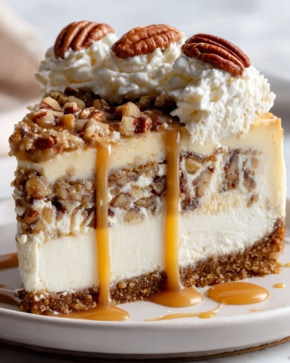 A close-up image of a slice of layered pecan pie cheesecake on a white plate, placed on a white marbled surface. The bottom layer is a brown graham cracker crust with a slightly crumbly texture, followed by a thick creamy white cheesecake layer. Above that, there is a middle layer filled with chopped brown pecans mixed in a creamy filling. The top layer is a light brown caramel-flavored cream, crowned with dollops of white whipped cream and whole pecans. Caramel drizzle trickles down the sides of the slice. Photo taken with an iphone --ar 4:5 --v 7