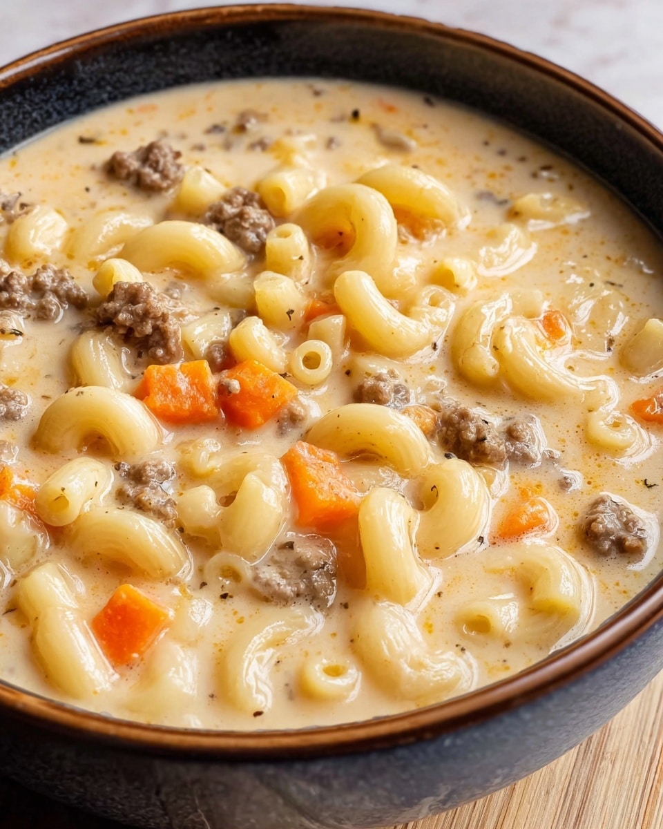 A close-up view of a bowl filled with creamy soup containing three main layers: small macaroni pasta pieces in light yellow color with smooth texture on top, tiny ground beef bits in brown scattered throughout, and small diced carrot cubes in bright orange mixed evenly in the creamy light beige broth; the soup looks thick and rich, served in a white bowl with a dark rim placed on a white marbled surface. photo taken with an iphone --ar 4:5 --v 7